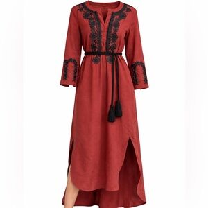 Boho Embroidered Maxi Dress Rust Black Cotton Tassel Belt Size M Ex Voto